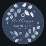 Blue Leaf Bar Mitzvah Classic Round Sticker<br><div class="desc">Beautiful hand painted watercolor design featuring a soft blue leaf wreath and Star of David.</div>