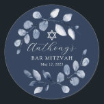 Blue Leaf Bar Mitzvah Classic Round Sticker<br><div class="desc">Beautiful hand painted watercolor design featuring a soft blue leaf wreath and Star of David.</div>