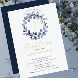 Blue Leaf Boys Baptism Foil Invitation