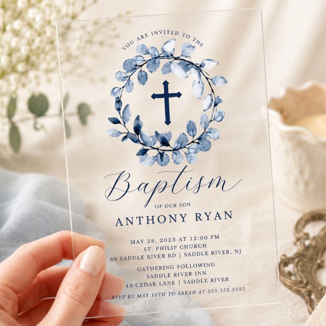 Blue Leaf Boys Baptism Invitation (Creator Uploaded)
