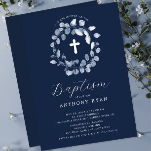 Blue Leaf Boys Baptism Invitation