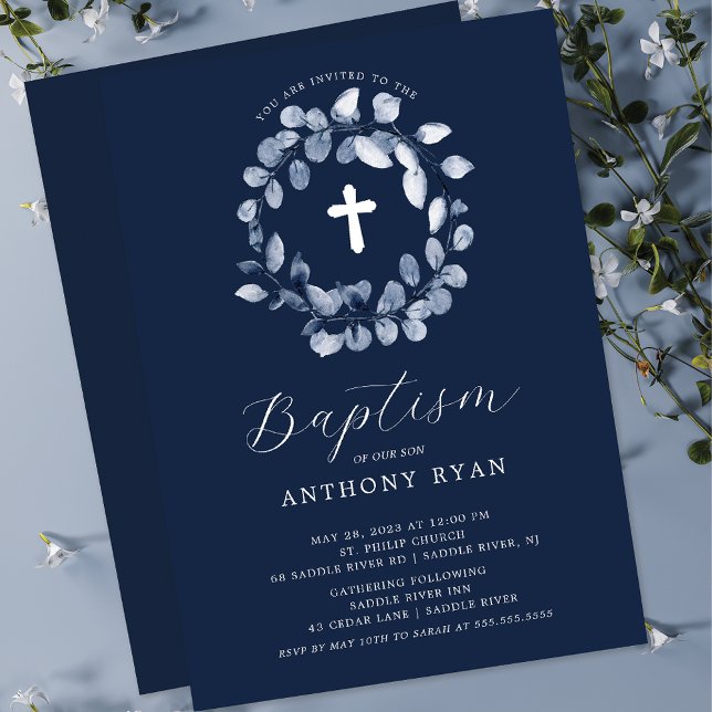 Blue Leaf Boys Baptism Invitation (Creator Uploaded)