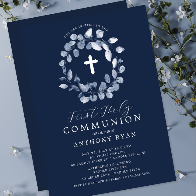 Blue Leaf Boys First Communion Invitation (Creator Uploaded)