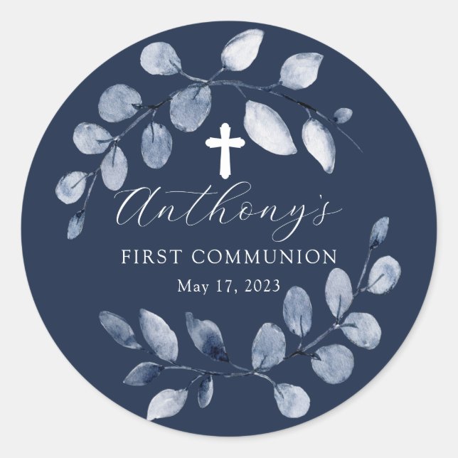 Blue Leaf First Communion Classic Round Sticker (Front)