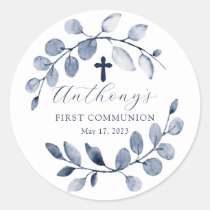 Blue Leaf First Communion Classic Round Sticker