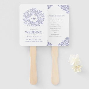 blue leaf monogram art wedding program hand fan