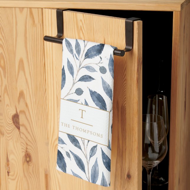 Blue Leaf Personalised Elegant Kitchen Towel (Thirds Fold)