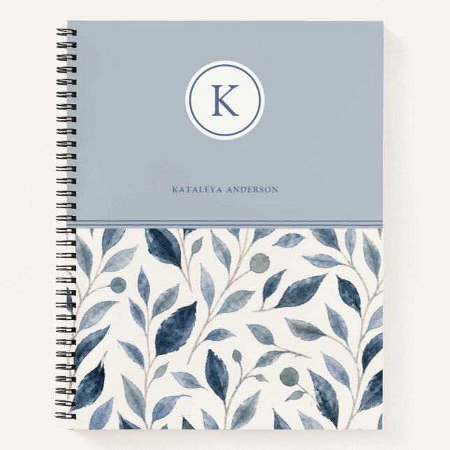 Blue Leaf Personalised Spiral Notebook  (Front)