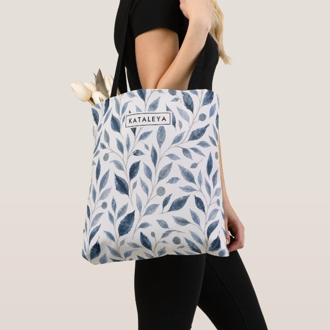 Blue Leaf Personalised Tote Bag (Close Up)