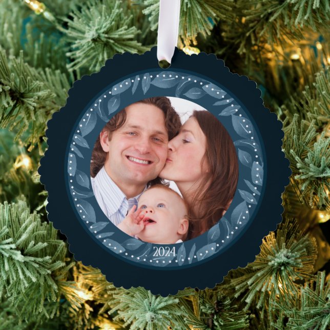 BLUE Leaf Wreath Family Photo Custom Tree Decoration Card (Insitu (Tree))