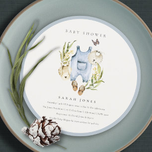 Blue Leafy Foliage Boy Clothes Baby Shower Invite