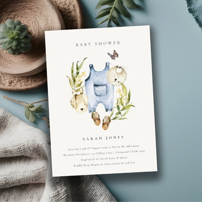 Blue Leafy Foliage Boy Clothes Baby Shower Invite (Creator Uploaded)