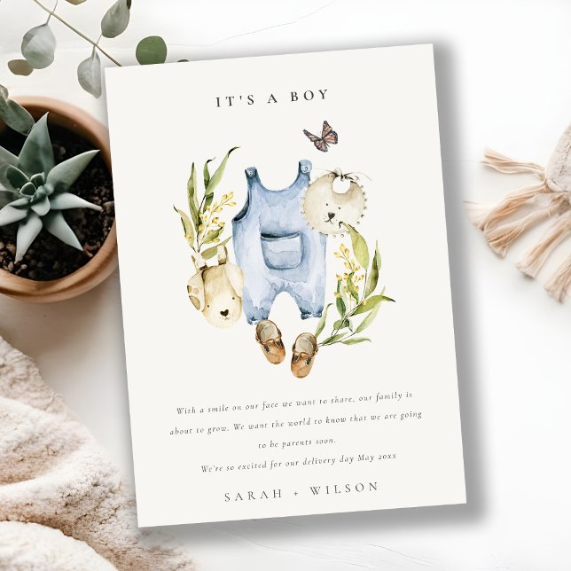 Blue Leafy Foliage Clothes Boy Baby Announcement (Creator Uploaded)