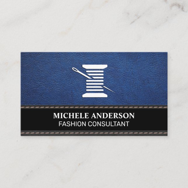 Blue Leather | Black Texture | Thread and Needle Business Card (Front)