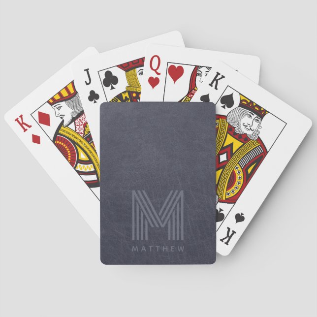 Blue Leather Bold Monogram Masculine Playing Cards (Back)