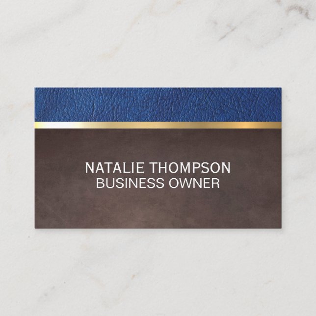 Blue Leather Brown Texture Gold Metallic Trim Business Card (Front)