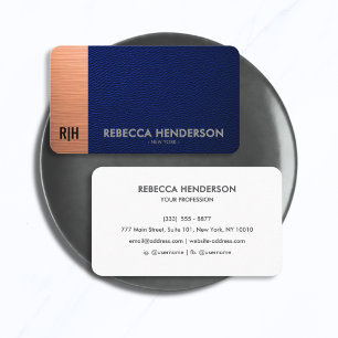 Blue Leather & Copper with White Back Monogram Business Card