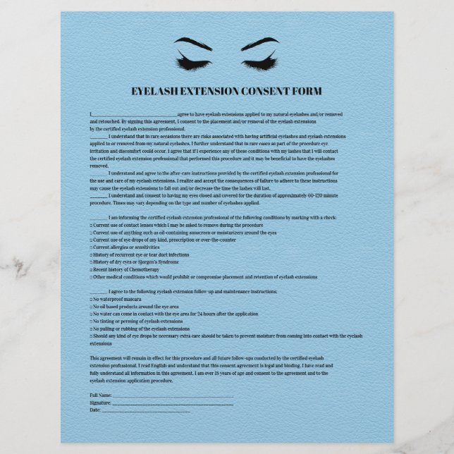 BLUE Leather EYELASH EXTENSION CONSENT FORM Flyer (Front)