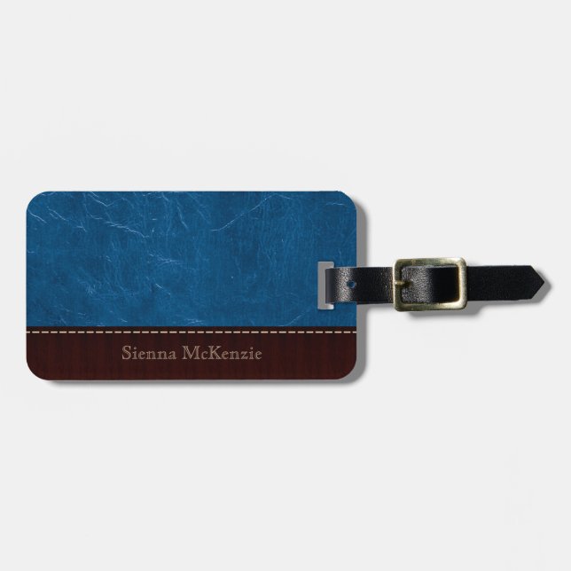 Blue Leather Look Luggage Tag (Front Horizontal)