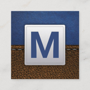 Blue Leather Stitched Brown Leather Square Business Card