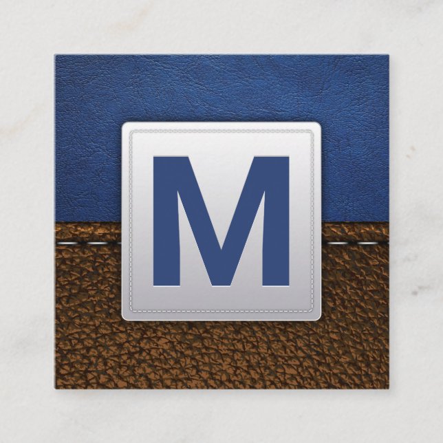 Blue Leather | Stitched Brown Leather Square Business Card (Front)