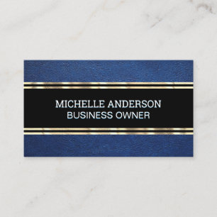 Blue Leather Texture Gold Trim Metallic Foil Business Card