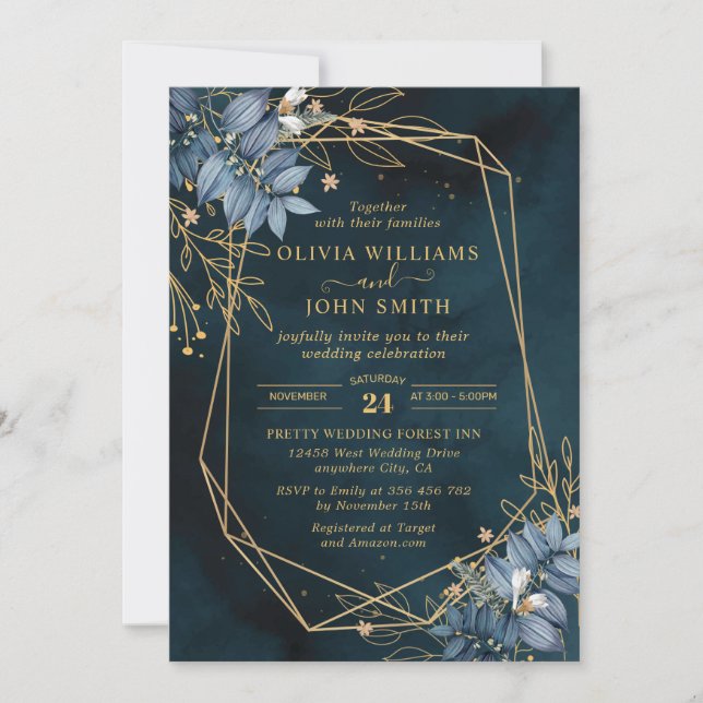 Blue Leave Floral Gold Elegant - F003 Invitation (Front)