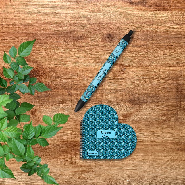 Blue Leave Pattern with Name & Logo Gift Black Ink Pen (Blue leaves pen, gift pen for customers or clients, colleagues, bilingual. multilingual project)