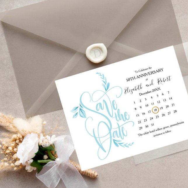 Blue Leaves 50th Anniversary Save The Date Announcement Postcard (Creator Uploaded)
