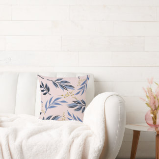 BLUE LEAVES ABSTRACT AND YELLOW FLOWER PRINT CUSHION