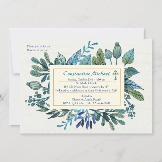 Blue Leaves and Berries Invitation (Front)