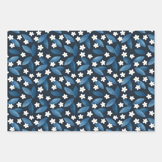 Blue Leaves and White Flowers on Dark Background Wrapping Paper Sheet (Front)