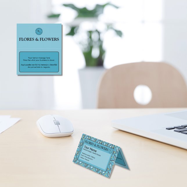 Blue Leaves Bilingual Folded Business Card (Blue turquoise leaves business card, bilingual editable text Spanish, tarjeta multilingual project)
