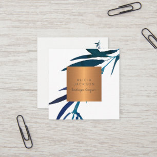 Blue leaves copper rose gold landscape designer square business card