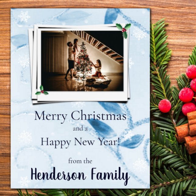 Blue Leaves Flat Holiday Photo Card (Blue Leaves Flat Holiday Photo Card)
