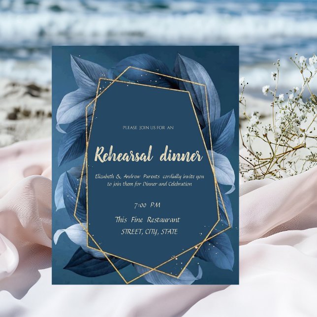 Blue Leaves Gold Frame Rehearsal Dinner  Invitation (Creator Uploaded)
