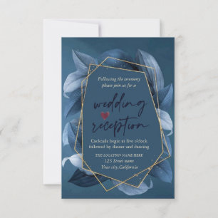 Blue Leaves Gold Frame Wedding Reception Invitation
