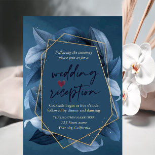 Blue Leaves Gold Frame Wedding Reception  Invitation