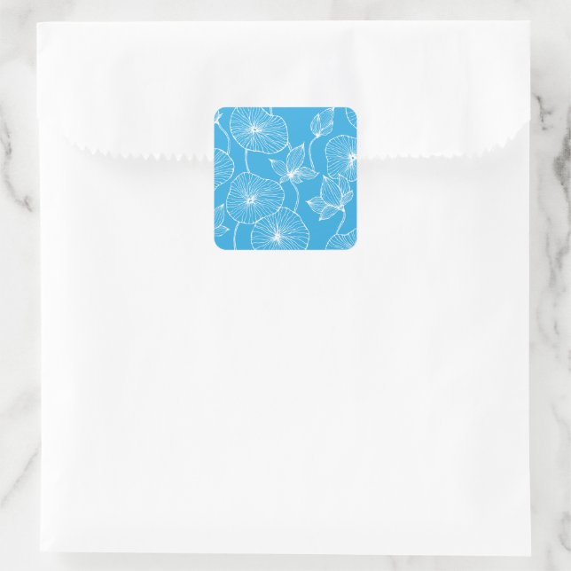 Blue Leaves Lotus Flowers Blossom Square Sticker (Bag)