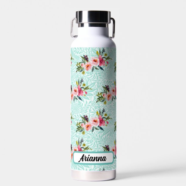 Blue Leaves Pink Vintage Bouquets Name Water Bottle (Front)