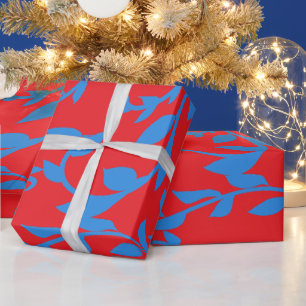 Blue Leaves Vines Red Botanical  Wrapping Paper