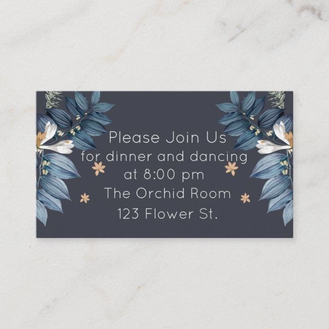 Blue Leaves White Flower Modern Wedding Reception Enclosure Card (Front)