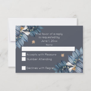 Blue Leaves White Flower Modern Wedding RSVP Card