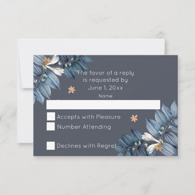 Blue Leaves White Flower Modern Wedding RSVP Card (Front)