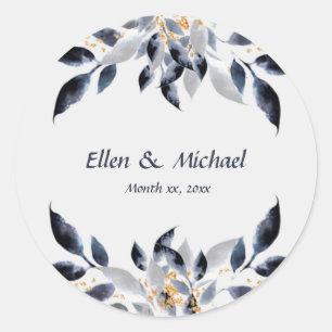 Blue Leaves with Gold Wedding   Classic Round Sticker