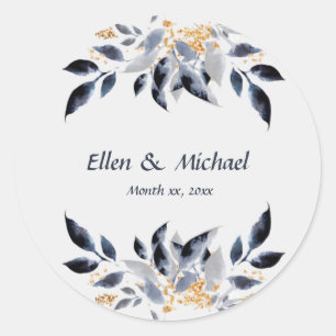 Blue Leaves with Gold Wedding   Classic Round Sticker