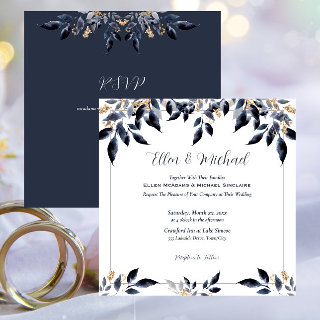 Blue Leaves with Gold Wedding Invitation (Blue Leaves with Gold Wedding Invitation)