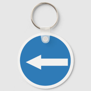 Blue Left Arrow Road Sign   Metal Circle Keychain