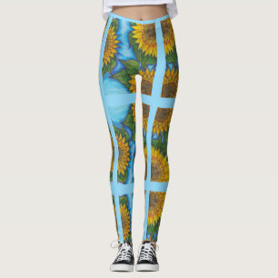 Blue Leggings With Yellow Sunflowers and Stripes