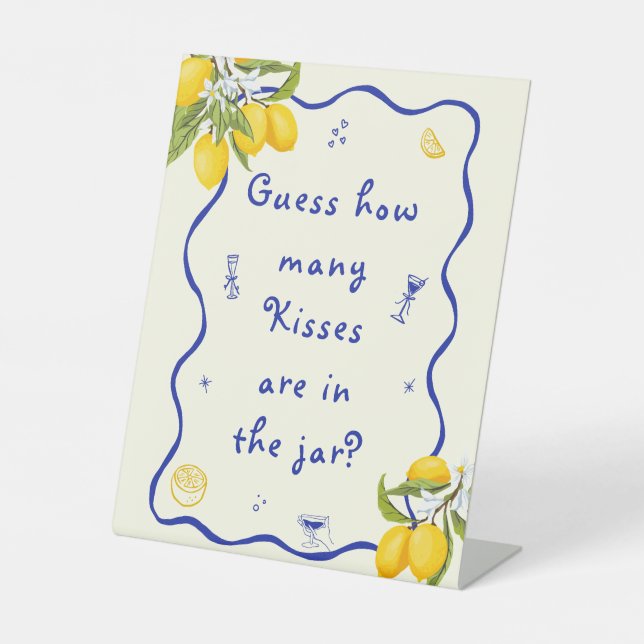 Blue Lemon Bridal Shower Guess How Many Kisses Pedestal Sign (Front)